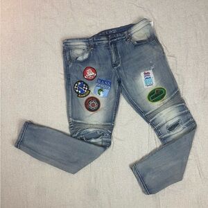 Men's Slim Fit Jeans with Patches - Light Blue subtle wash 98% cotton Mens 36